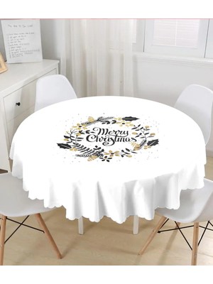 Rem Home Remhome Beyaz Zeminli Merry Christmas Yazılı Dijital Baskılı Modern Yuvarlak Masa Örtüsü Çap 140 cm 140 x 140 cm