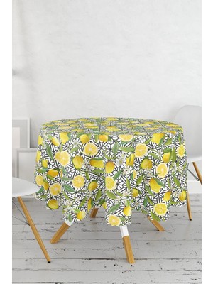 Rem Home Remhome Geometrik ve Limon Desenli 3D Dijital Baskılı Yuvarlak Masa Örtüsü - Çap 140CM 140 x 140 cm