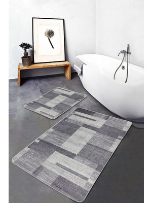 Rem Home Remhome Gri - Krem Zeminde Dokuma Halı Motifli Eskitme Klasik Sade & Şık 2'li Banyo & Mutfak Paspas Takımı Takım Banyo Paspası