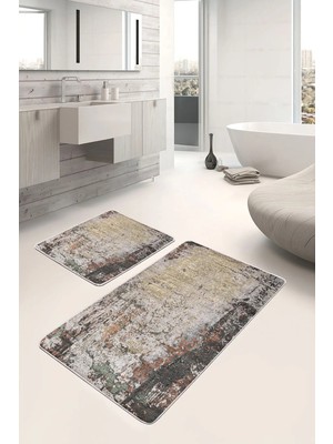 Rem Home Remhome 2'li Set Renkli Zeminde Halı Motifli Modern Desenli Vintage Eskitme Motifli 2'li Banyo Paspas Takımı Takım Banyo Paspası