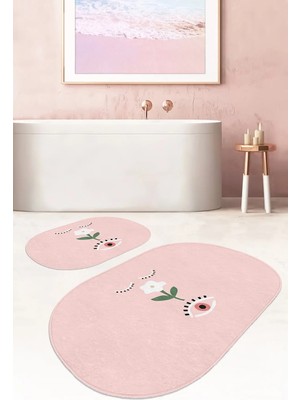 Rem Home Remhome Pembe Zemin Çiçek Detaylı Dijital Baskılı 2'li Oval Kaymaz Tabanlı Banyo & Mutfak Paspas Takımı Takım Banyo Paspası
