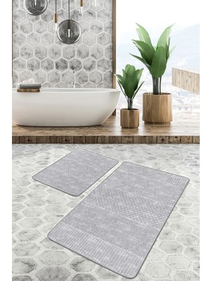 Rem Home Remhome 2'li Gri Zeminde Etnik Motifli Geleneksel Desenli Geometrik Klasik 2'li Banyo & Mutfak Paspas Takımı Takım Banyo Paspası