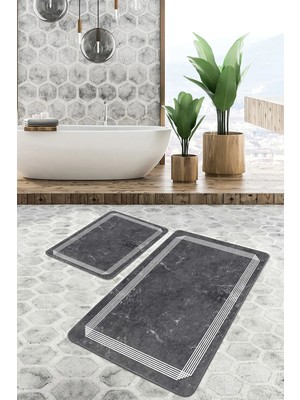 Rem Home Remhome Füme Zeminde Çerçeveli Motifli Mermer Desenli Geometrik Klasik 2'li Banyo & Mutfak Paspas Takımı Takım Banyo Paspası