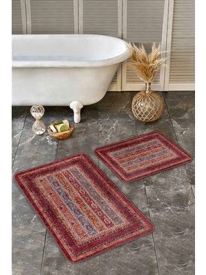 Rem Home Remhome 2'li Set Kırmızı Zeminde Geleneksel Motifli Etnik Etnik Motifler Vintage 2'li Banyo Paspas Takımı Takım Banyo Paspası