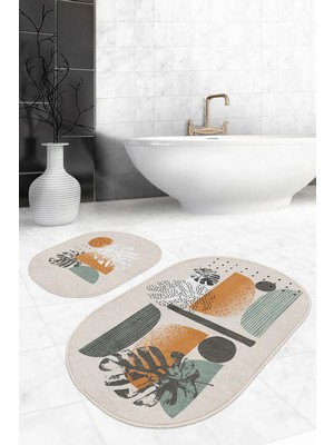 Rem Home Remhome Pastel Renkli Yaprak Desenli Özel Tasarım 2'li Oval Kaymaz Tabanlı Banyo & Mutfak Paspas Takımı Takım Banyo Paspası
