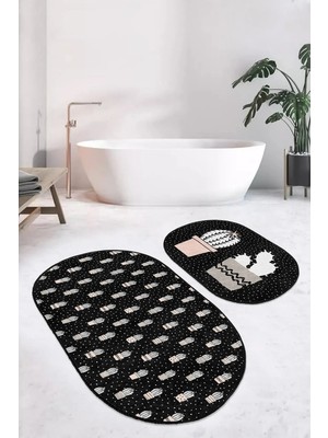 Rem Home Remhome Siyah Zemin Puantiyeli Kaktüs Tasarımlı 2'li Oval Kaymaz Tabanlı Banyo & Mutfak Paspas Takımı Takım Banyo Paspası