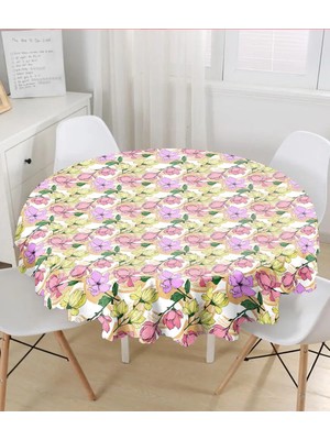 Rem Home Remhome Beyaz Zemin Üzerinde Çiçek Desenli Dijital Baskılı Modern Yuvarlak Masa Örtüsü - Çap 140CM 140 x 140 cm