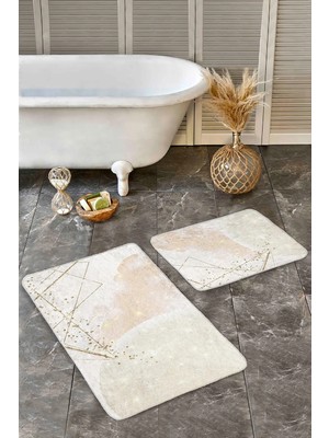Rem Home Remhome Gold - Krem Zeminde Boyama Motifli Modern Sanat Bohem Sade & Şık 2'li Banyo & Mutfak Paspas Takımı Takım Banyo Paspası