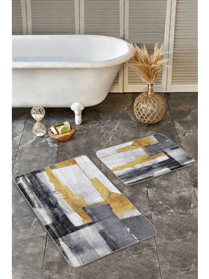Rem Home Remhome 2'li Set Sarı - Gri Zeminde Altın Motifli Yağlıboya Desenli Modern Klasik 2'li Banyo Paspas Takımı Takım Banyo Paspası