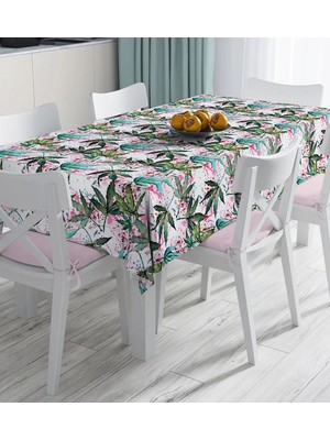 Rem Home Remhome Beyaz Zemin Üzerinde Yeşil Yaprak Desenli Dijital Baskılı Masa Örtüsü 90 x 90 cm