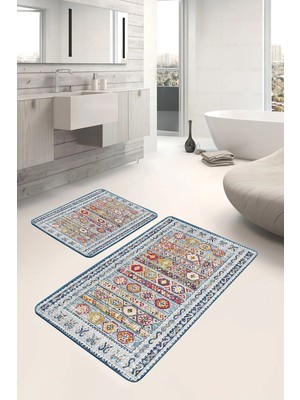 Rem Home Remhome 2'li Set Antika Zeminde Geleneksel Motifli Osmanlı Desenli Avangarde Klasik 2'li Banyo Paspas Takımı Takım Banyo Paspası