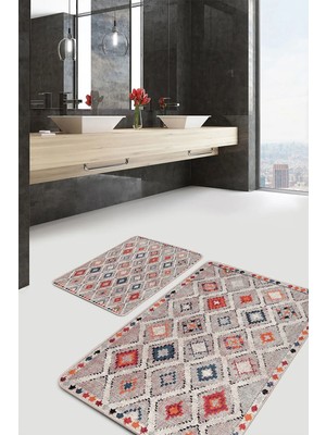 Rem Home Remhome Çok Renkli Zeminde Kilim Motifli Pers Desenli Vintage Avangarde 2'li Banyo & Mutfak Paspas Takımı Takım Banyo Paspası