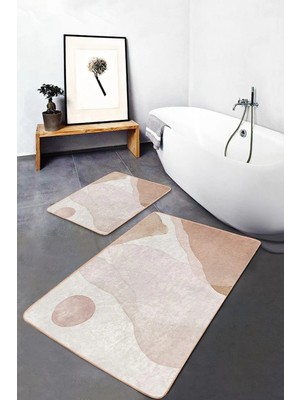 Rem Home Remhome Krem Kahverengi Zeminde Modern Sanat Motifli Boyama Bohem Sade Şık 2'li Banyo Mutfak Paspas Takımı Takım Banyo Paspası
