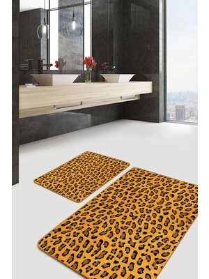 Rem Home Remhome Kahverengi - Turuncu Zeminde Post Motifli Leopar Sade & Şık Klasik 2'li Banyo & Mutfak Paspas Takımı Takım Banyo Paspası