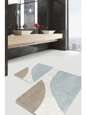 Rem Home Remhome Ekru - Mavi Zeminde Boyama Motifli Modern Sanat Bohem Sade & Şık 2'li Banyo & Mutfak Paspas Takımı Takım Banyo Paspası