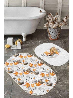 Rem Home Remhome Mermer Detaylı Sonbahar Yaprakları Dijital Baskılı 2'li Oval Kaymaz Taban Banyo & Mutfak Paspas Seti Takım Banyo Paspası