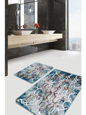 Rem Home Remhome Mavi - Kırmızı Zeminde Kanvas Motifli Geometrik Modern Geometrik 2'li Banyo & Mutfak Paspas Takımı Takım Banyo Paspası