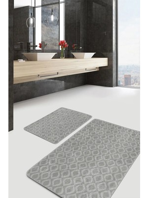 Rem Home Remhome 2'li Set Gri Zeminde Klasik Motifli Geometrik Desenli Geometrik Sade & Şık 2'li Banyo Paspas Takımı Takım Banyo Paspası