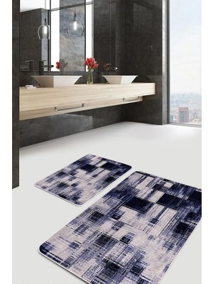 Rem Home Remhome Mavi Zeminde Yağlı Boya Motifli Eskitme Desenli Modern Sade & Şık 2'li Banyo & Mutfak Paspas Takımı Takım Banyo Paspası