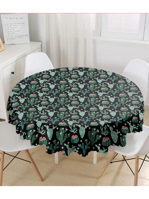 Rem Home Remhome Siyah Zemin Üzerinde Yeşil Kaktüs Desenli Yuvarlak Masa Örtüsü 140 x 140 cm