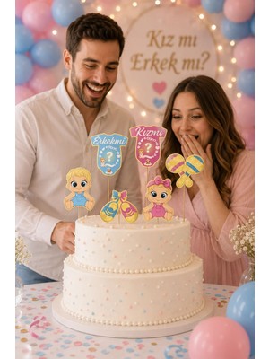 Dodomar Pasta Süsü Cinsiyet Belirleme Seti 6'lı Kız Mı Erkek Mi 20X10 cm Baby Shower Parti Dekoru Süs