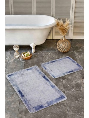 Rem Home Remhome Gri - Mavi Zeminde Çerçeveli Motifli Eskitme Sade & Şık Eskitme Motifli 2'li Banyo Paspas Takımı Takım Banyo Paspası