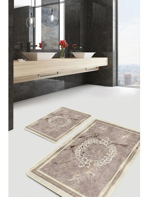 Rem Home Remhome 2'li Set Kahverengi Zeminde Çerçeveli Motifli Mermer Vintage Sade & Şık 2'li Banyo Paspas Takımı Takım Banyo Paspası