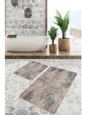 Rem Home Remhome Kahverengi Zeminde Otantik Motifli Dokuma Eskitme Motifli Vintage 2'li Banyo & Mutfak Paspas Takımı Takım Banyo Paspası