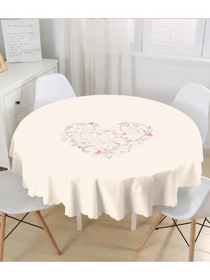Rem Home Remhome Krem Zemin Çiçekli Kalp Motifli Dijital Baskılı Yuvarlak Masa Örtüsü Çap 140 cm 140 x 140 cm