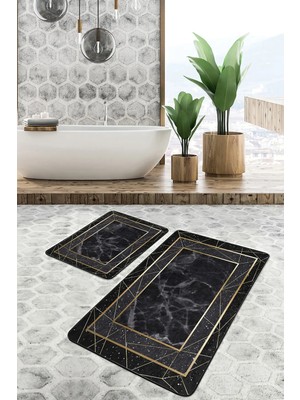Rem Home Remhome 2'li Set Siyah - Gold Zeminde Çerçeveli Motifli Altın Geometrik Klasik 2'li Banyo Paspas Takımı Takım Banyo Paspası