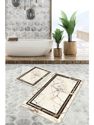 Rem Home Remhome 2'li Set Gold - Krem Zeminde Çerçeveli Motifli Mermer Avangarde Klasik 2'li Banyo Paspas Takımı Takım Banyo Paspası