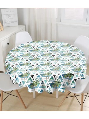 Rem Home Remhome Mavi Geometrik Palmiye Desenleri Yuvarlak Masa Örtüsü 140 x 140 cm