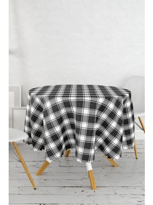 Rem Home Remhome Beyaz Zeminli Siyah Ekose Desenli Dijital Baskılı Modern Yuvarlak Masa Örtüsü - Çap 140CM 140 x 140 cm