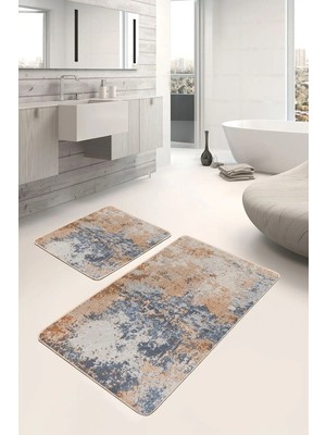 Rem Home Remhome Mavi Yavruağzı Zeminde Dokuma Motifli Kilim Eskitme Motifli Vintage 2'li Banyo Mutfak Paspas Takımı Takım Banyo Paspası