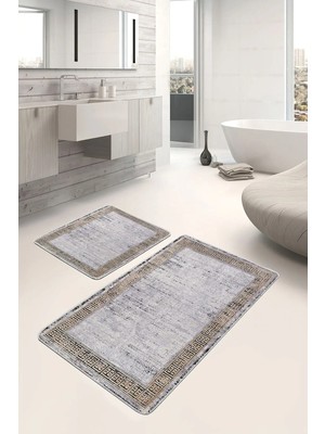 Rem Home Remhome Gri - Bej Zeminde Çerçeveli Motifli Antik Desenli Geometrik Eskitme Motifli 2'li Banyo Paspas Takımı Takım Banyo Paspası
