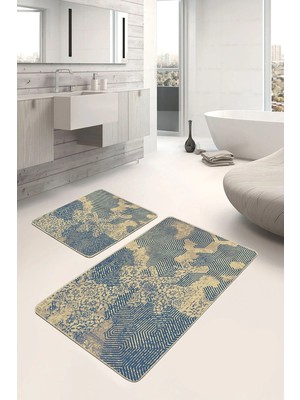 Rem Home Remhome Sarı Zeminde Eskitme Motifli Geometrik Eskitme Motifli Geometrik 2'li Banyo & Mutfak Paspas Takımı Takım Banyo Paspası