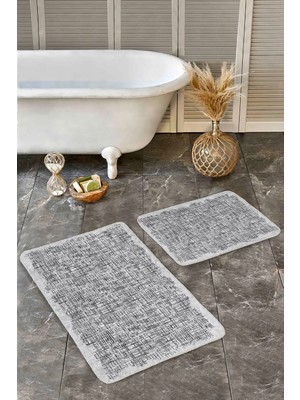 Rem Home Remhome Gri - Siyah Zeminde Dokuma Halı Motifli Eskitme Motifli 2'li Banyo & Mutfak Paspas Takımı Takım Banyo Paspası