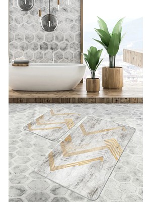 Rem Home Remhome Gold Gri Zeminde Eskitme Motifli Geometrik Geometrik Eskitme Motifli 2'li Banyo Mutfak Paspas Takımı Takım Banyo Paspası