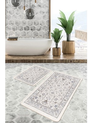 Rem Home Remhome 2'li Set Krem Zeminde Kilim Motifli Osmanlı Desenli Etnik Motifler Vintage 2'li Banyo Paspas Takımı Takım Banyo Paspası