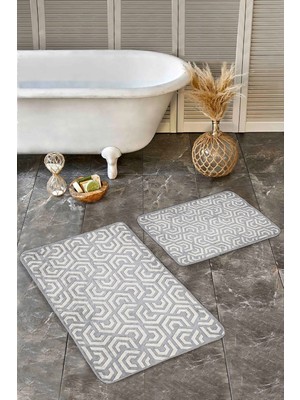 Rem Home Remhome 2'li Gri Zeminde Geometrik Motifli Klasik Desenli Geometrik Klasik 2'li Banyo & Mutfak Paspas Takımı Takım Banyo Paspası