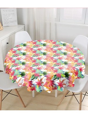 Rem Home Remhome Beyaz Zeminli Renkli Yaprak Desenli Dijital Baskılı Modern Yuvarlak Masa Örtüsü Çap 140 cm 140 x 140 cm