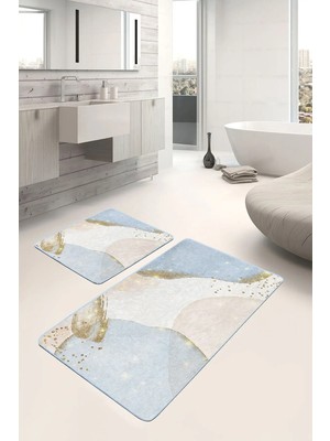 Rem Home Remhome 2'li Set Gold - Mavi Zeminde Tablo Motifli Boyama Desenli Bohem Sade & Şık 2'li Banyo Paspas Takımı Takım Banyo Paspası