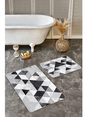 Rem Home Remhome Siyah - Beyaz Zeminde Geometrik Motifli Mermer Desenli Geometrik Sade & Şık 2'li Banyo Paspas Takımı Takım Banyo Paspası