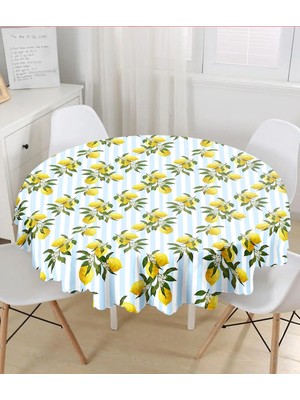 Rem Home Remhome Mavi Çizgili Limon Desenli Dijital Baskılı Yuvarlak Masa Örtüsü - Çap 140CM 140 x 140 cm