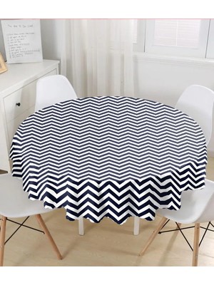 Rem Home Remhome Beyaz Zemin Üzerinde Lacivert Renki Geometrik Çizimli Yuvarlak Masa Örtüsü - Çap 140CM 140 x 140 cm