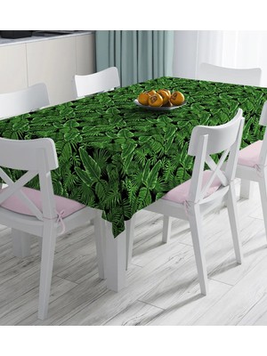 Rem Home Remhome Siyah Zemin Üzerinde Yeşil Yaprak Desenli Dijital Baskılı Masa Örtüsü 90 x 90 cm