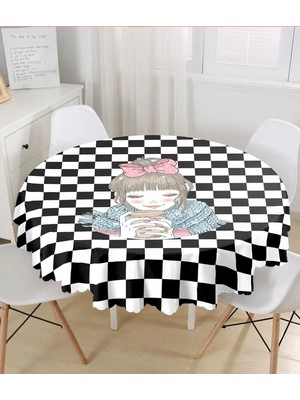 Rem Home Remhome Dama Zeminli Kahve Içen Kız Motifli Dijital Baskılı Yuvarlak Masa Örtüsü - Çap 140CM 140 x 140 cm