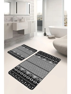 Rem Home Remhome Siyah Beyaz Zeminde Etnik Motifli Geleneksel Geometrik Etnik Motifler 2'li Banyo Mutfak Paspas Takım Takım Banyo Paspası