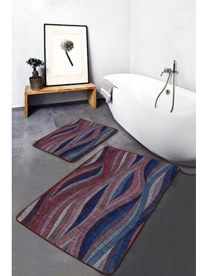 Rem Home Remhome 2'li Set Kanvas Zeminde Geometrik Motifli Modern Sanat Sade & Şık Modern 2'li Banyo Paspas Takımı Takım Banyo Paspası