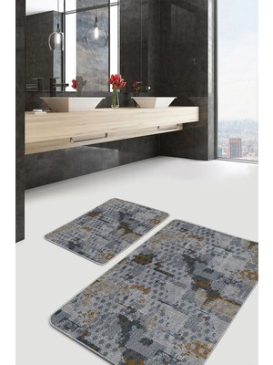 Rem Home Remhome 2'li Set Gri Zeminde Eskitme Motifli Kanvas Desenli Eskitme Motifli Vintage 2'li Banyo Paspas Takımı Takım Banyo Paspası